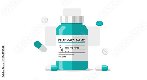 Medical Prescription Bottle and Pills Illustration Depicting Healthcare, Medication, and Pharmacy