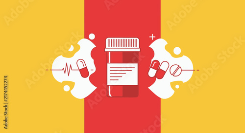 Medical Prescription Bottle and Pills with Abstract Line Art Design on Background