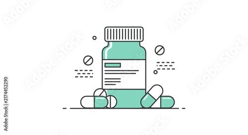 Medical Prescription Bottle and Pills Illustration, Outline Style, Healthcare Concept for Designs