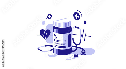 Medical Prescription Bottle and Stethoscope Illustration for Healthcare Visualization Purposes