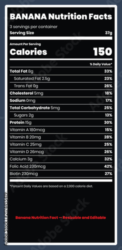Banana nutrition facts label template on dark background for packaging design.