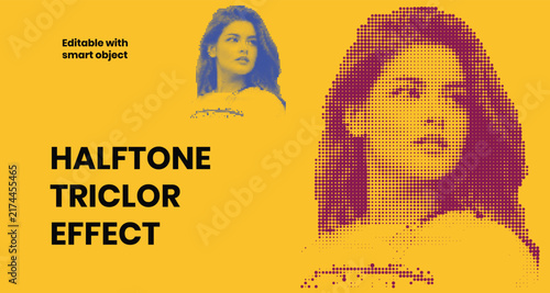 Halftone tricolor effect banner template with female face silhouette on yellow background.