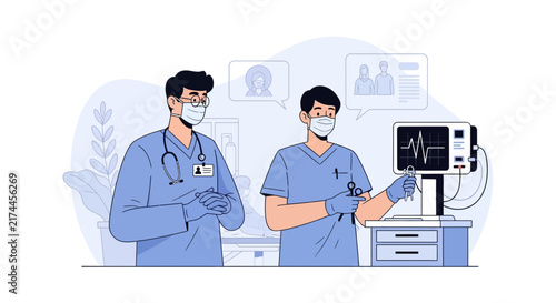 Medical Personnel in Surgical Attire Analyzing Patient Data in a Hospital Environment