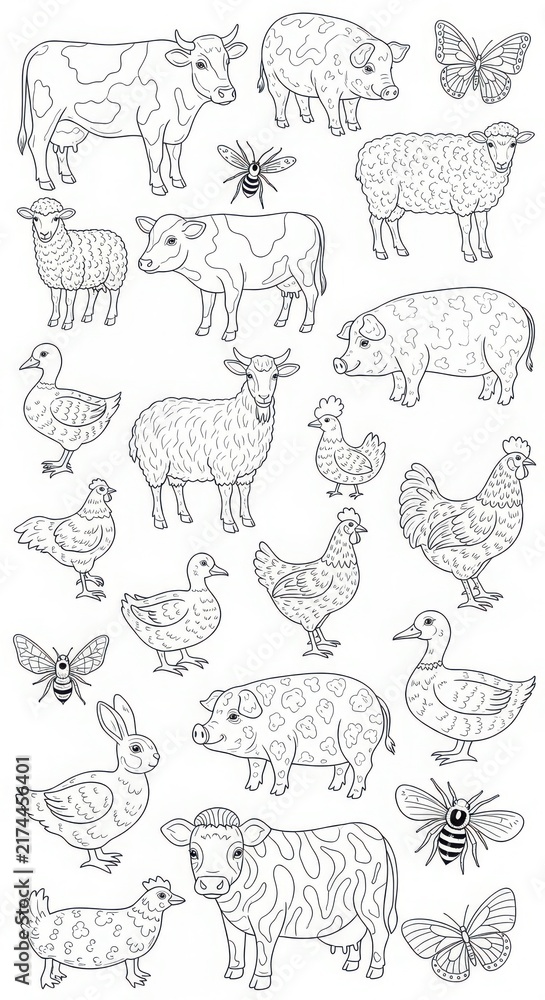 Obraz premium Set of hand drawn farm animals and insects outlines for educational graphic design with butterfly