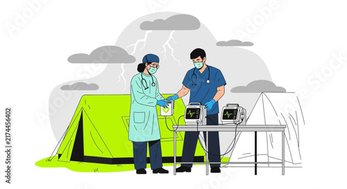 Medical Personnel Working In A Hospital Field Tent During The Storm