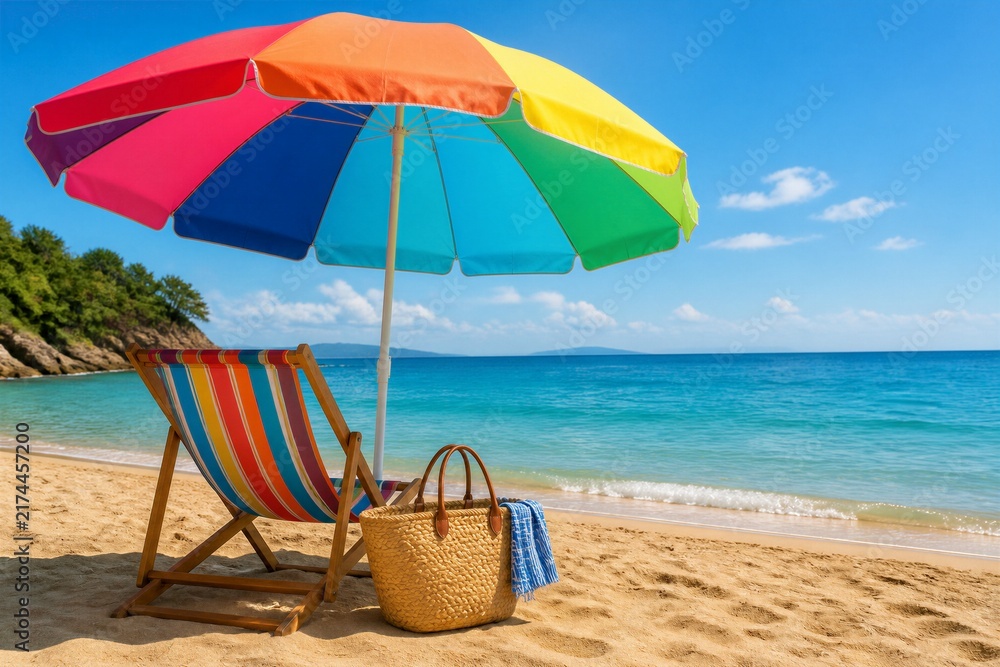 Obraz premium Rainbow umbrella shades beach chair. Ocean waves lap gently beside sand. Bright sky floats above turquoise waters. Towels and basket rest near chair. Scene evokes calm, sun-drenched relaxation