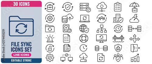 File sync line icon set. Folder refresh, cloud backup, data transfer, document update, arrows outline vector illustrations. Symbols for digital storage on white background.