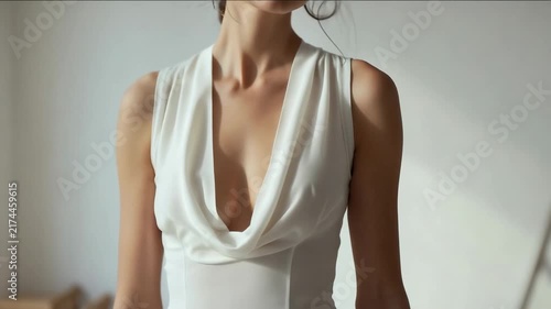 Model poses in a simple outfit at a studio during a photoshoot in the morning light