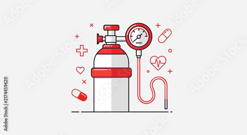 Medical Oxygen Tank Illustration With Healthcare Icons In Red And White Graphic Style