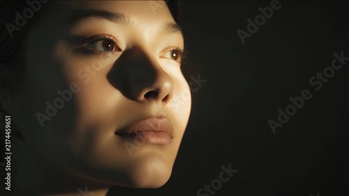 Woman with soft light on her face looks thoughtful in a dark room during evening hours