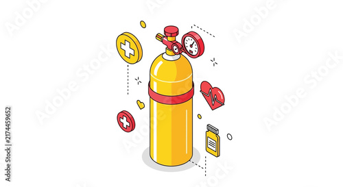 Medical Oxygen Tank Isometric Illustration With Health Symbols and Equipment