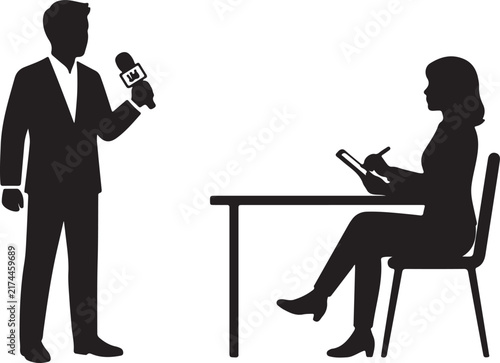 Male Reporter with Microphone Interviewing Businesswoman Writing on Clipboard at Office Desk Silhouette Vector Illustration.