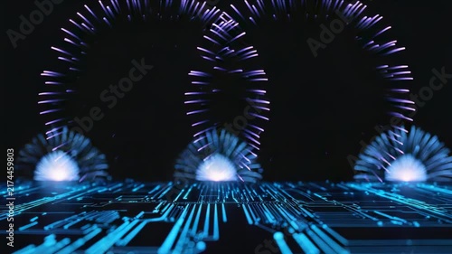 Colorful fireworks display with lights and technology background