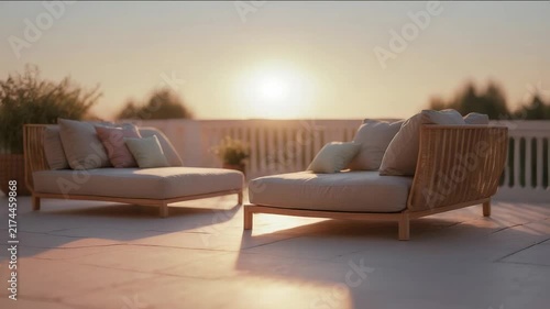 Relaxing outdoor lounge with sunset view in warm colors