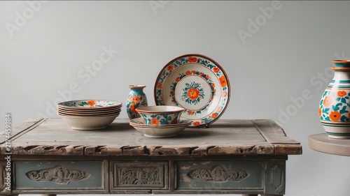 Ceramic dishes arranged on a wooden table in a simple setting