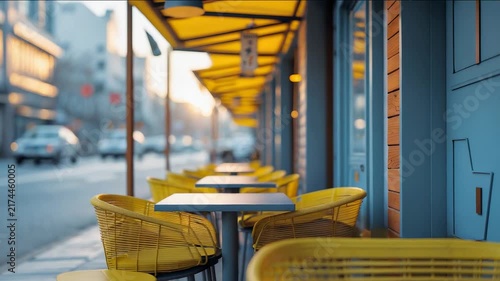 Tables and chairs outside a cafe on a busy street during early morning