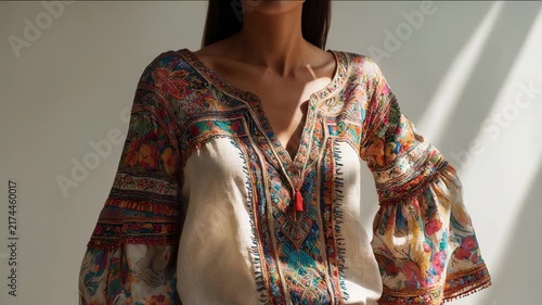 Traditional embroidered blouse display from local market during sunny day