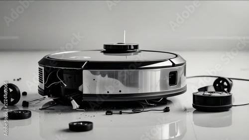 Robot vacuum cleaner on floor with parts scattered around in living room