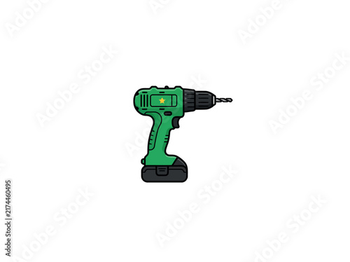 Green Cordless Power Drill With Bit Isolated Vector Illustration
