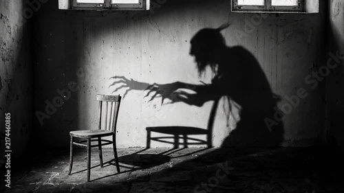 Lone wooden chair sitting in a dark weathered room. Ominous shadow of a monstrous entity looming on the wall. Halloween 2026 spooky horror atmosphere and fear concept.