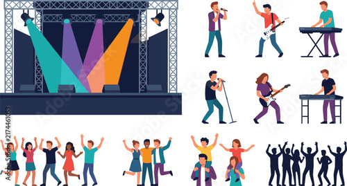Live Music Festival Vector Element Set Featuring Stage Lighting, Rock Band Musicians, Singers, Guitarists, Keyboard Players, Cheering Fans, and Dancing Concert Audience