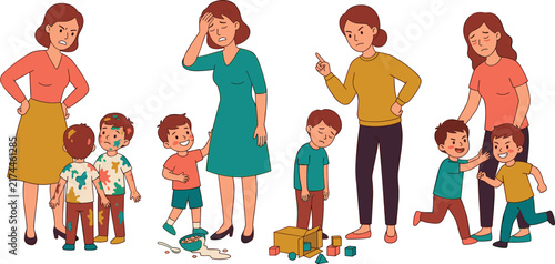 Stressed Mother Scolding Naughty Children Vector Illustration Set Featuring Tired Mom Managing Chaotic Behavior, Messy Kids, and Broken Toys