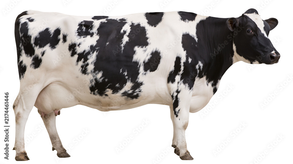 Obraz premium Isolated healthy black and white Holstein dairy cow standing gracefully in profile