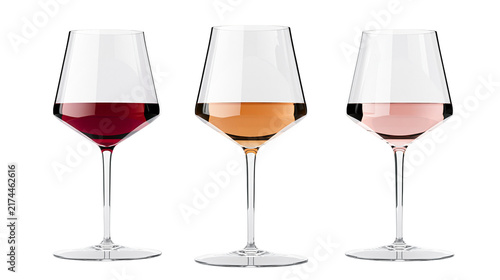 Fotografía Isolated three elegant modern wine glasses filled with red, amber, and rosé wine