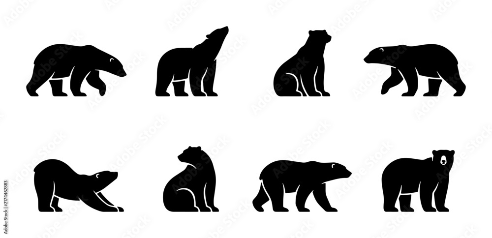 Fototapeta premium Polar Bear Silhouettes: Arctic Wildlife Icons, Set of 8, Vector Graphics for Nature and Animal Designs