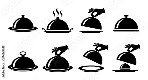 Food Cloche Icons Set, Restaurant Service Vector Graphics, Culinary Presentation Symbols, Dining Dish Cover Illustrations