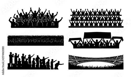 Crowd Silhouettes Vector Set: Cheering Fans, Sports Spectators, Concert Audience, Stadium View