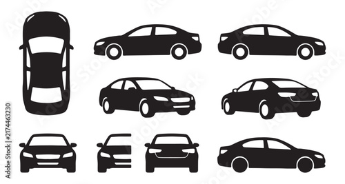 Collection of car icons in silhouette representing various views and vehicle types for automotive industry and transportation concepts.