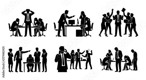 Business Conflict Icons, Office Stress Silhouettes, Teamwork Problems Vector Set, Workplace Disputes Graphics