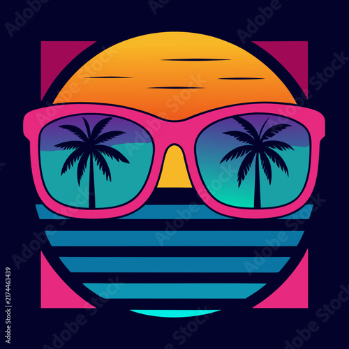 Synthwave sunset sunglasses with palm trees reflection in vibrant pink and blue colors evokes nostalgic eighties beach vibes.