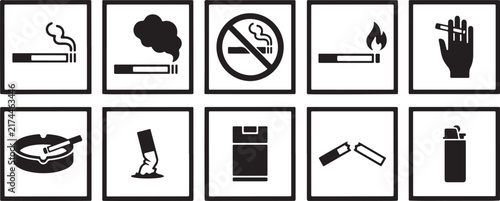 Collection of smoking icons with cigarettes, ashtrays, and prohibition signs on transparent background.