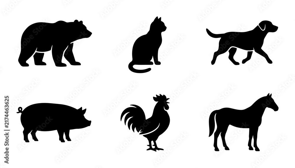 Obraz premium Farm Animal Silhouettes Vector Icons: Bear, Cat, Dog, Pig, Rooster, Horse Graphics