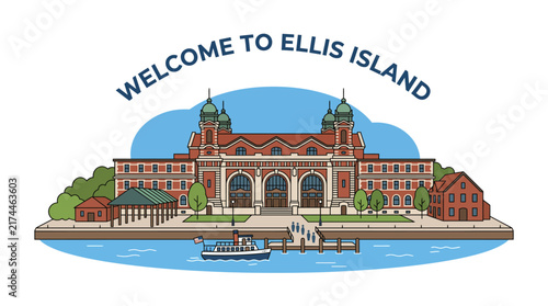 Fotografie Very beautiful realistic vector illustration of Ellis Island in New York Harbor