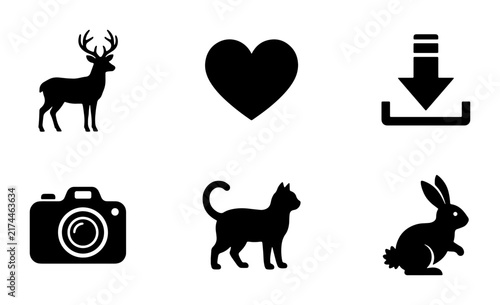 Black Silhouette Icons: Deer, Heart, Download, Camera, Cat, Rabbit, Graphic Elements