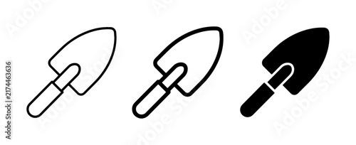 Gardening Trowel Icons Set, Simple Outline and Solid Black Vector Illustrations for Planting and Digging