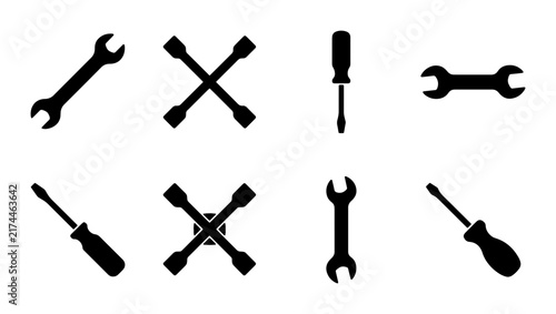 Set of 8 Black Silhouette Icons: Wrenches, Screwdrivers, and Socket Wrenches for Repair and DIY Projects