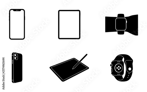 Modern Gadget Icons: Smartphone, Tablet, Smartwatch, Stylus Pen, Digital Drawing Pad, Tech Devices