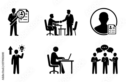 Business Icons Set: Interview, Teamwork, Career Growth, Job Search, Collaboration, Meeting, 6 Vector Graphics