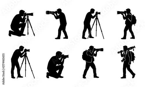 Photographer Silhouettes Set: Diverse Poses, Camera Gear, Professional Shooters, Vector Icons