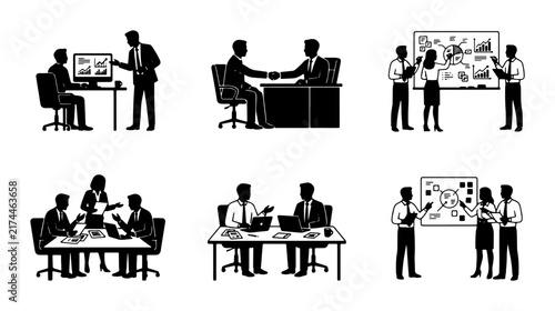 Business Meeting Icons, Professional Collaboration Set, Corporate Strategy Silhouettes, Office Teamwork Graphics