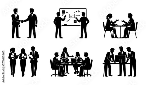 Business Meeting Icons Set: Handshake, Presentation, Discussion, Collaboration, Teamwork, Corporate Vector Graphics