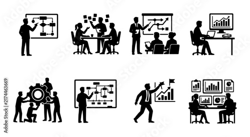 Business Meeting Icons: Teamwork, Strategy, Data Analysis, Workflow, Presentation, Planning, Collaboration