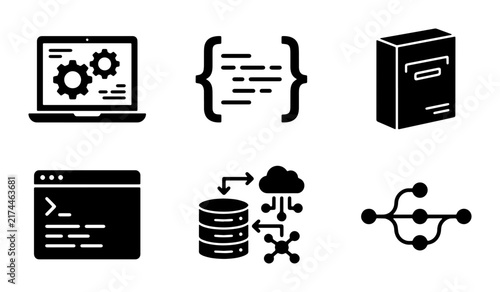 Software Development Icons: Coding, Database, Cloud, Workflow, Laptop, Server, Technology Set