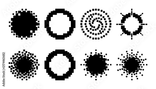 Abstract Geometric Dot Circles, Pixelated Rings, Spiral Patterns, Vector Graphic Elements Set
