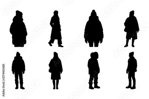 Winter Fashion Silhouettes: 8 Black Figures in Warm Coats, Hats, and Scarves, Diverse Poses