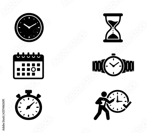 Time Management Icons: Clock, Stopwatch, Calendar, Hourglass, Watch, Deadline Vector Set